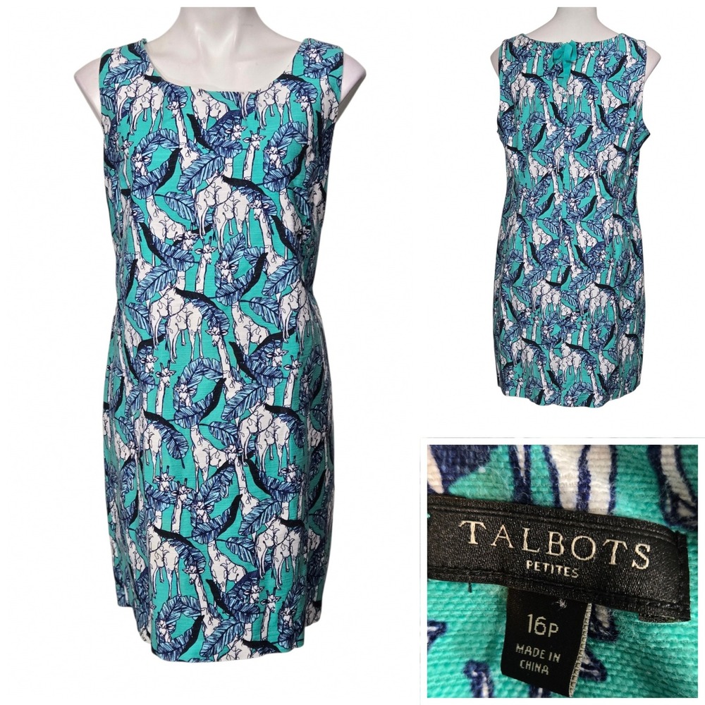 Talbots Petites Shift Dress Giraffe Palm Print Blue Green Sleeveless 16P cotton